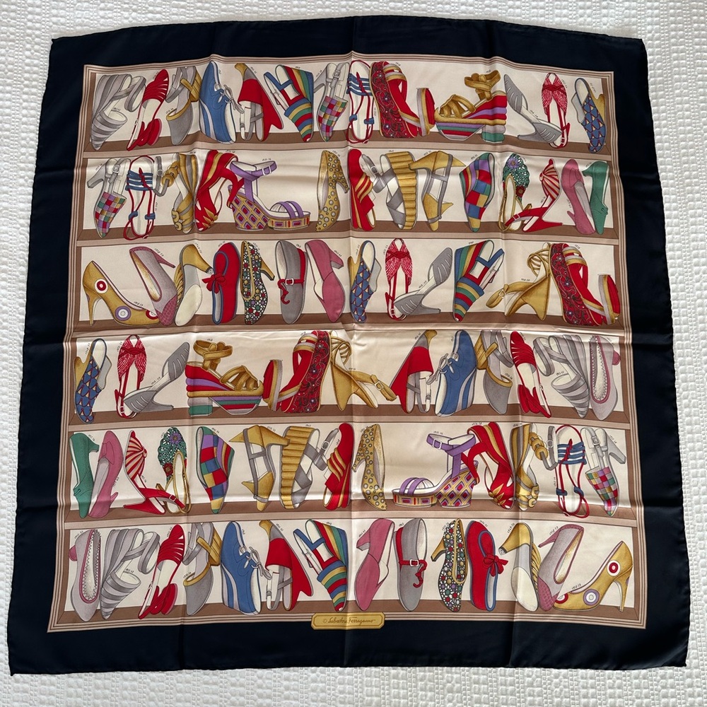 Salvatore Ferragamo Silk Shoe Print Scarf in Navy, Red, Gold, Green